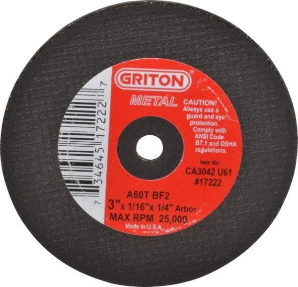 Value Collection - 3" 60 Grit Aluminum Oxide Cutoff Wheel - 1/16" Thick, 1/4" Arbor, 25,000 Max RPM, Use with Die Grinders - Industrial Tool & Supply