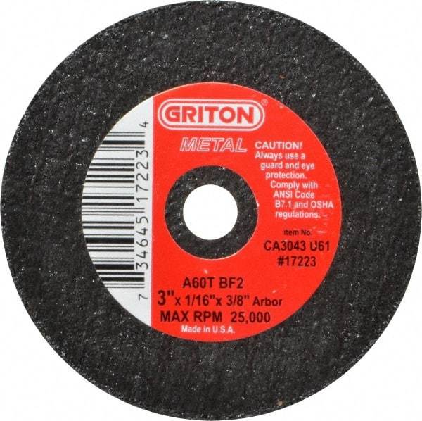 Value Collection - 3" 60 Grit Aluminum Oxide Cutoff Wheel - 1/16" Thick, 3/8" Arbor, 25,000 Max RPM, Use with Die Grinders - Industrial Tool & Supply