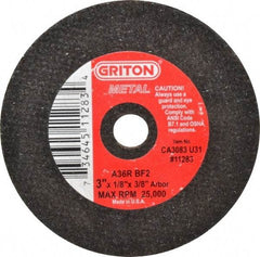 Value Collection - 3" 36 Grit Aluminum Oxide Cutoff Wheel - 1/8" Thick, 3/8" Arbor, 25,000 Max RPM, Use with Die Grinders - Industrial Tool & Supply