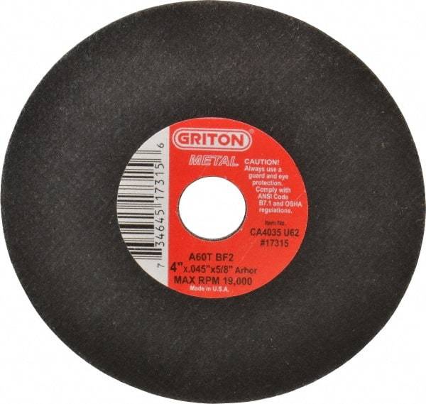 Value Collection - 4" 60 Grit Aluminum Oxide Cutoff Wheel - 0.045" Thick, 5/8" Arbor, 19,000 Max RPM, Use with Die Grinders - Industrial Tool & Supply