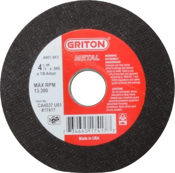 Made in USA - 4-1/2" 60 Grit Aluminum Oxide Cutoff Wheel - 0.045" Thick, 7/8" Arbor, 13,581 Max RPM, Use with Angle Grinders - Industrial Tool & Supply