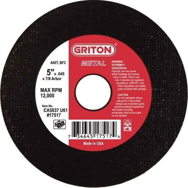 Made in USA - 5" 60 Grit Aluminum Oxide Cutoff Wheel - 0.045" Thick, 7/8" Arbor, 12,224 Max RPM, Use with Angle Grinders - Industrial Tool & Supply