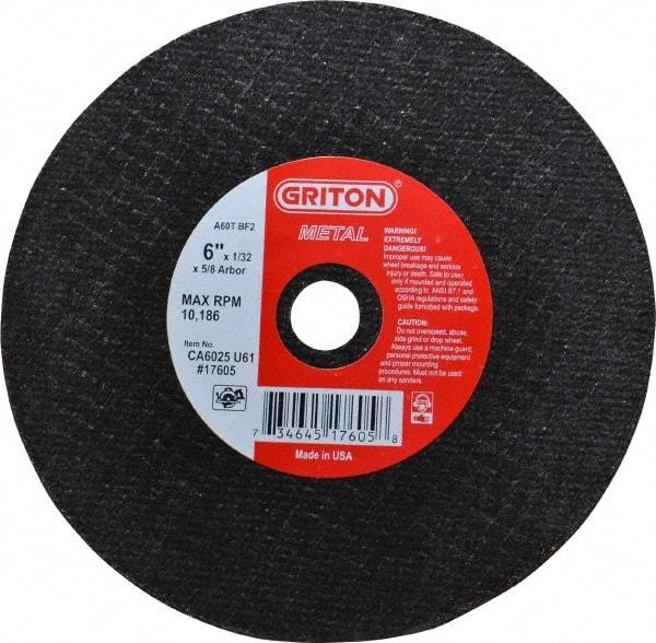 Value Collection - 6" 60 Grit Aluminum Oxide Cutoff Wheel - 1/32" Thick, 5/8" Arbor, 10,186 Max RPM, Use with Circular Saws - Industrial Tool & Supply