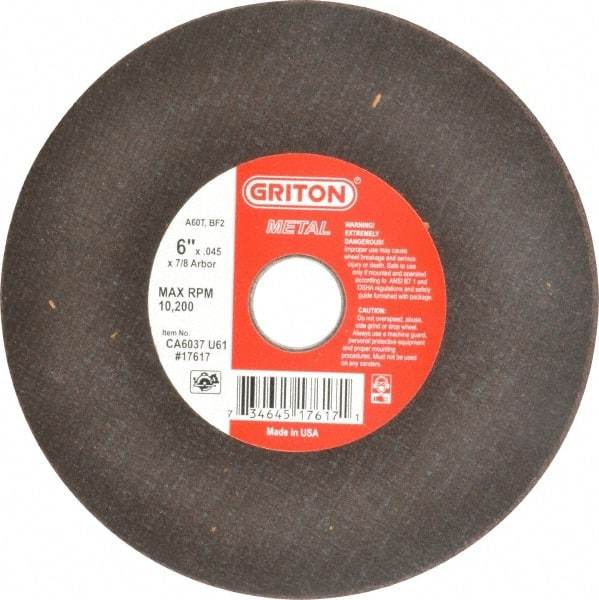 Made in USA - 6" 60 Grit Aluminum Oxide Cutoff Wheel - 0.045" Thick, 7/8" Arbor, 10,186 Max RPM, Use with Circular Saws - Industrial Tool & Supply
