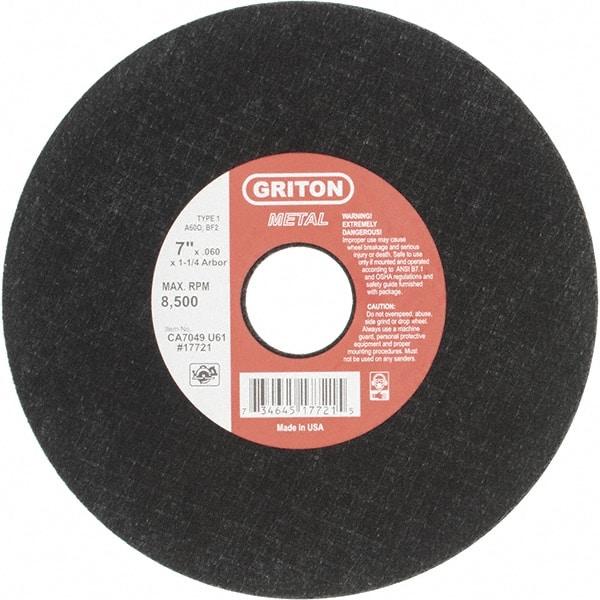 Made in USA - 7" 60 Grit Aluminum Oxide Cutoff Wheel - 0.06" Thick, 1-1/4" Arbor, 8,732 Max RPM, Use with Stationary Tools - Industrial Tool & Supply