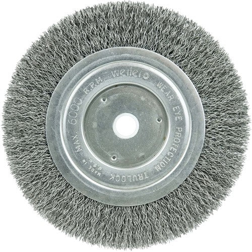 ‎6″ Narrow Face Crimped Wire Wheel, Short Trim, .014″ Steel Fill, 5/8″-1/2″ Arbor Hole - Industrial Tool & Supply