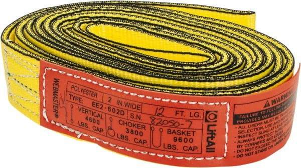 Lift-All - 12' Long x 2" Wide, 4,800 Lb Vertical Capacity, 2 Ply, Nylon Web Sling - 3,800 Lb Choker Capacity, Yellow - Industrial Tool & Supply
