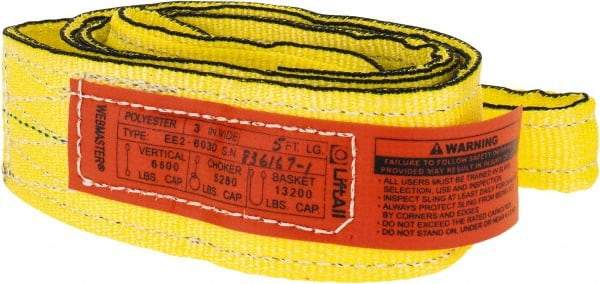 Lift-All - 5' Long x 3" Wide, 6,600 Lb Vertical Capacity, 2 Ply, Nylon Web Sling - 5,200 Lb Choker Capacity, Yellow - Industrial Tool & Supply