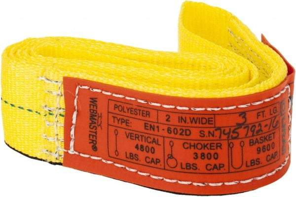Lift-All - 3' Long x 2" Wide, 4,800 Lb Vertical Capacity, 1 Ply, Nylon Web Sling - 3,800 Lb Choker Capacity, Yellow - Industrial Tool & Supply