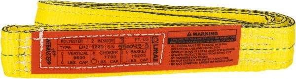 Lift-All - 3' Long x 2" Wide, 9,600 Lb Vertical Capacity, 2 Ply, Nylon Web Sling - 7,700 Lb Choker Capacity, Yellow - Industrial Tool & Supply
