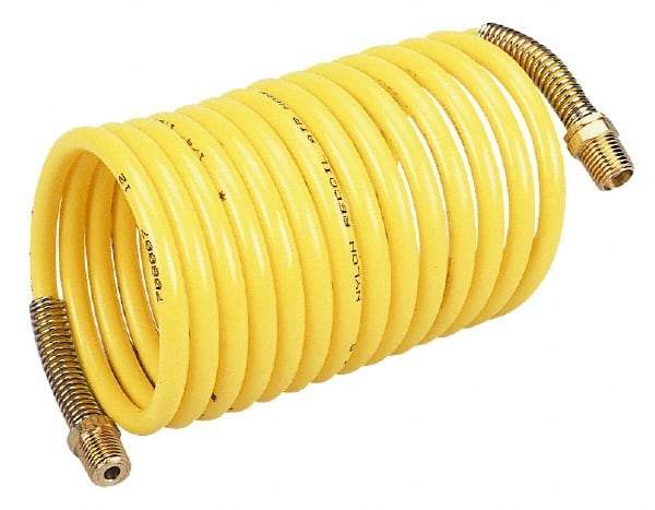 Coilhose Pneumatics - 1/4" ID, 1/4 Thread, 50' Long, Yellow Nylon Coiled & Self Storing Hose - 185 Max psi, Male Rigid x Male Swivel - Industrial Tool & Supply