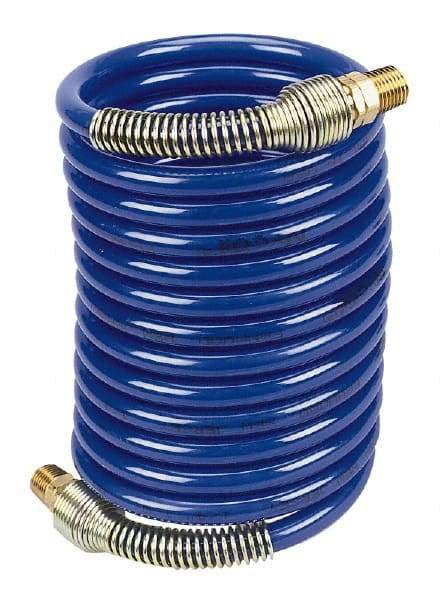 Coilhose Pneumatics - 1/4" ID, 1/4 Thread, 12' Long, Blue Nylon Coiled & Self Storing Hose - 220 Max psi, Male Swivel x Male Swivel - Industrial Tool & Supply