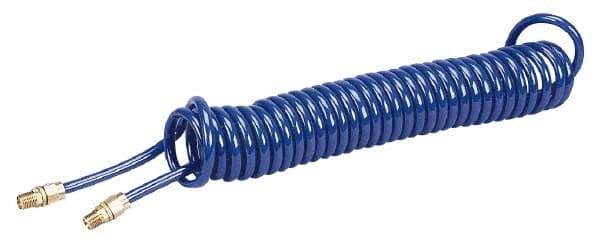 Coilhose Pneumatics - 1/4" ID, 1/4 Thread, 25' Long, Blue Polyurethane Coiled & Self Storing Hose - 125 Max psi, Male Swivel x Male Swivel - Industrial Tool & Supply