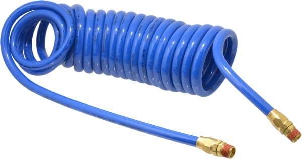Coilhose Pneumatics - 3/8" ID, 3/8 Thread, 20' Long, Blue Polyurethane Coiled & Self Storing Hose - 115 Max psi, Male Swivel x Male Swivel - Industrial Tool & Supply