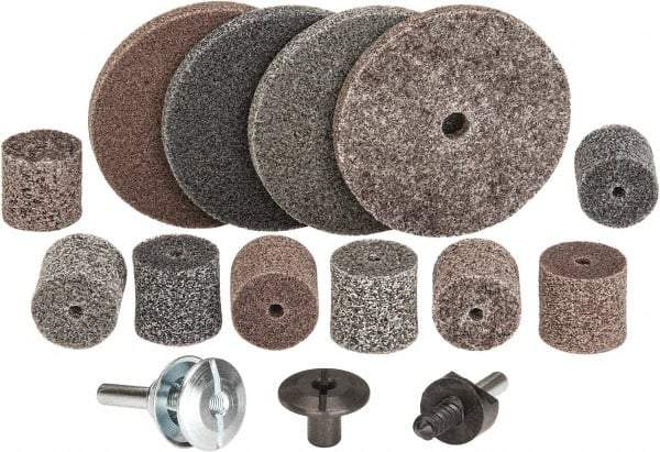 3M - 14 Piece Deburring Kit - 1 & 3" Diam Unitized Wheels in Fine, Medium & Coarse Grades, 1/4" Inch Shank Diam, Aluminum Oxide, Silicon Carbide, Mandrel Connection, Shank Included - Industrial Tool & Supply