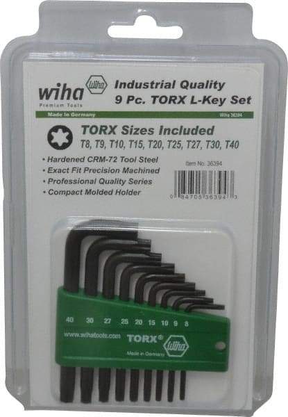 Wiha - 9 Piece T8 to T40 L-Key Short Arm Torx Key Set - T8, T9, T10, T15, T20, T25, T27, T30, T40 Torx Size - Industrial Tool & Supply