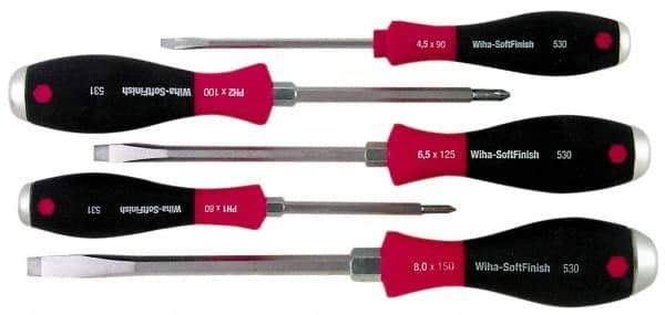 Wiha - 5 Piece Phillips & Slotted Screwdriver Set - Round Shank, Ergonomic Handle - Industrial Tool & Supply