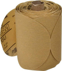 3M - 5" Diam, 100 Grit FEPA, Aluminum Oxide Adhesive PSA Disc - Fine Grade, Gold, A Weighted Backing, Flexible, Use with Random Orbital Sanders - Industrial Tool & Supply