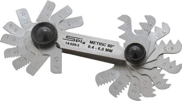 SPI - 20 Leaf, 0.4 to 6mm Pitch Range, Steel Screw Pitch Gage - 60° Thread Angle - Industrial Tool & Supply