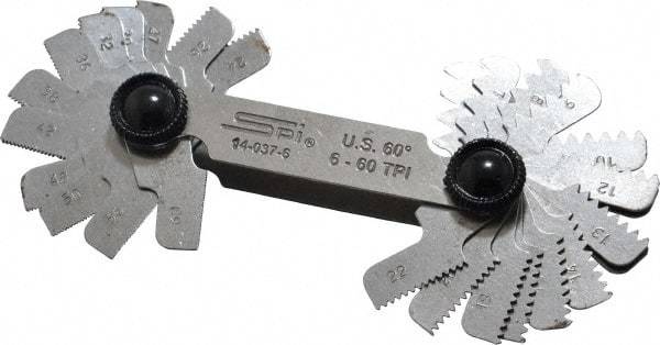 SPI - 30 Leaf, 6 to 60 TPI Range, Steel Screw Pitch Gage - 60° Thread Angle - Industrial Tool & Supply