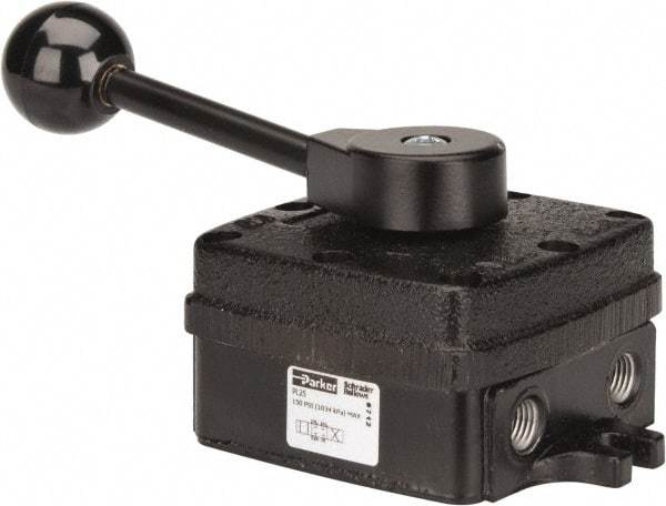 Parker - 1/4" NPT Mechanically Operated Air Valve - 4-Way, 3 Position, Hand Throttle-Manual Return, 2.5 CV Rate, 150 Max psi & 160°F Max Temp - Industrial Tool & Supply