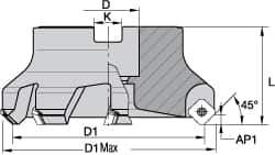 Kennametal - 50.04mm Cut Diam, 3/4" Arbor Hole, 6.6mm Max Depth of Cut, 45° Indexable Chamfer & Angle Face Mill - 3 Inserts, SEKT 1404... Insert, Right Hand Cut, 3 Flutes, Series KSSM - Industrial Tool & Supply