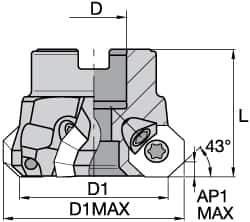 Kennametal - 4" Cut Diam, 1-1/4" Arbor Hole, 3.5mm Max Depth of Cut, 43° Indexable Chamfer & Angle Face Mill - 10 Inserts, OF.T 06L5... Insert, Right Hand Cut, 10 Flutes, Through Coolant, Series KSOM Mini - Industrial Tool & Supply