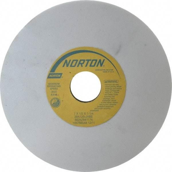 Norton - 7" Diam x 1-1/4" Hole x 1/2" Thick, J Hardness, 120 Grit Surface Grinding Wheel - Aluminum Oxide, Type 1, Fine Grade, 3,600 Max RPM, Vitrified Bond, No Recess - Industrial Tool & Supply