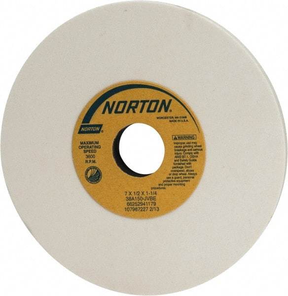 Norton - 7" Diam x 1-1/4" Hole x 1/2" Thick, J Hardness, 150 Grit Surface Grinding Wheel - Aluminum Oxide, Type 1, Very Fine Grade, 3,600 Max RPM, Vitrified Bond, No Recess - Industrial Tool & Supply
