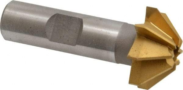 Made in USA - 1" Large x 3/8" Small Diam, 7/16" Width of Cut, 90° Included Angle, 8 Teeth, High Speed Steel Face Angle Cutter - 1/2" Shank Diam, 2-3/16" Overall Length, Weldon Flat - Industrial Tool & Supply