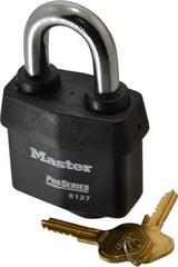 Master Lock - 1-3/8" Shackle Clearance, Keyed Different Padlock - 7/8" Shackle Width, 7/16" Shackle Diam, Laminated Steel - Industrial Tool & Supply