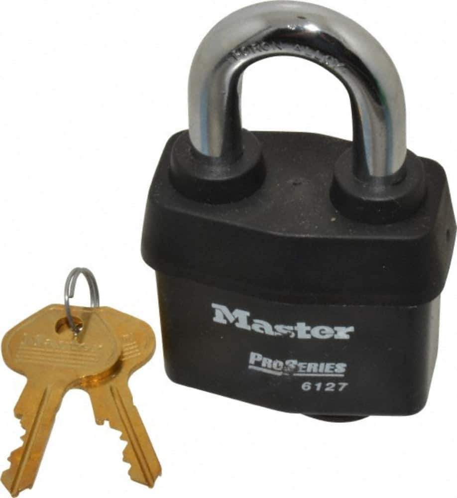 Master Lock - 1-3/8" Shackle Clearance, Keyed Alike Padlock - 7/8" Shackle Width, 7/16" Shackle Diam, Laminated Steel - Industrial Tool & Supply