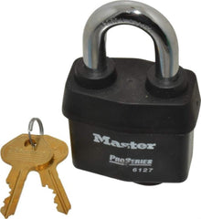 Master Lock - 1-3/8" Shackle Clearance, Keyed Alike Padlock - 7/8" Shackle Width, 7/16" Shackle Diam, Laminated Steel - Industrial Tool & Supply