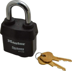 Master Lock - 1-3/8" Shackle Clearance, Keyed Different Padlock - 7/8" Shackle Width, 3/8" Shackle Diam, Laminated Steel - Industrial Tool & Supply