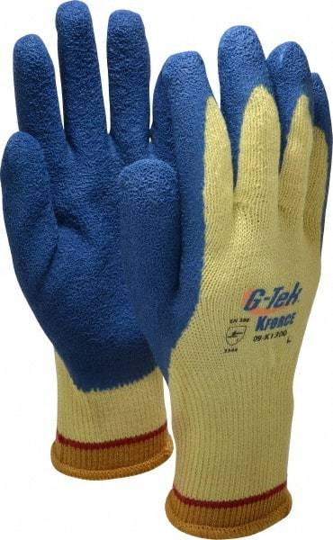 PIP - Size L (9), ANSI Cut Lvl A4, Puncture Lvl 4, Abrasion Lvl 3, Latex Coated Cut Resistant Gloves - Palm & Fingers Coated, Kevlar Lining, Knit Wrist, Yellow/Blue, Paired - Industrial Tool & Supply