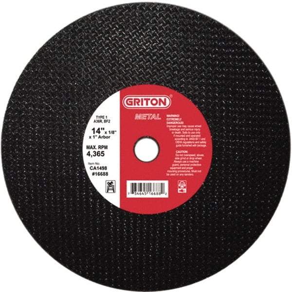 Value Collection - 14" 36 Grit Aluminum Oxide Cutoff Wheel - 1/8" Thick, 1" Arbor, 4,400 Max RPM, Use with Stationary Tools - Industrial Tool & Supply