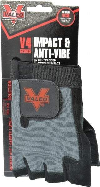 Valeo - Size M (8-9) Split Cowhide Anti-Vibration/Impact Protection Work Gloves - For General Purpose, Uncoated, Hook & Loop Cuff, Fingerless, Black, Paired - Industrial Tool & Supply