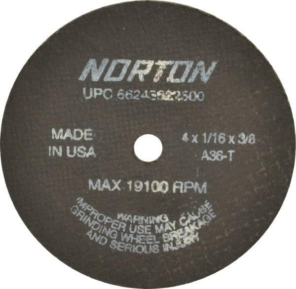 Norton - 4" 36 Grit Aluminum Oxide Cutoff Wheel - 1/16" Thick, 3/8" Arbor, 19,100 Max RPM, Use with Die Grinders - Industrial Tool & Supply
