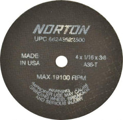 Norton - 4" 36 Grit Aluminum Oxide Cutoff Wheel - 1/16" Thick, 3/8" Arbor, 19,100 Max RPM, Use with Die Grinders - Industrial Tool & Supply