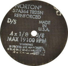 Norton - 4" 36 Grit Aluminum Oxide Cutoff Wheel - 1/8" Thick, 3/8" Arbor, 19,100 Max RPM, Use with Die Grinders - Industrial Tool & Supply