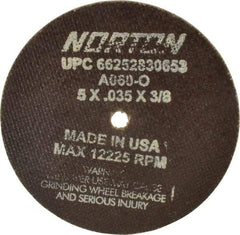 Norton - 5" 60 Grit Aluminum Oxide Cutoff Wheel - 0.035" Thick, 3/8" Arbor, 12,225 Max RPM, Use with Die Grinders - Industrial Tool & Supply
