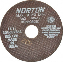 Norton - 6" 60 Grit Aluminum Oxide Cutoff Wheel - 0.035" Thick, 1-1/4" Arbor, 10,190 Max RPM, Use with Angle Grinders - Industrial Tool & Supply