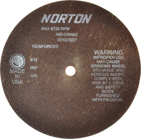 Norton - 7" 60 Grit Aluminum Oxide Cutoff Wheel - 0.06" Thick, 1/2" Arbor, 8,730 Max RPM, Use with Stationary Grinders - Industrial Tool & Supply