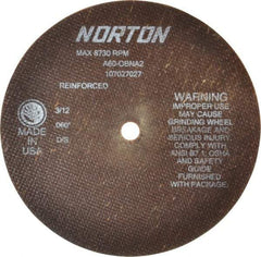 Norton - 7" 60 Grit Aluminum Oxide Cutoff Wheel - 0.06" Thick, 1/2" Arbor, 8,730 Max RPM, Use with Stationary Grinders - Industrial Tool & Supply
