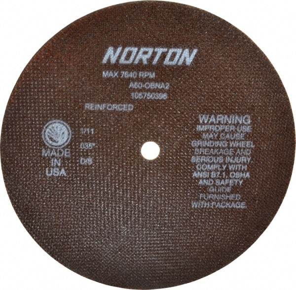 Norton - 8" 60 Grit Aluminum Oxide Cutoff Wheel - 0.035" Thick, 1/2" Arbor, 7,640 Max RPM, Use with Stationary Grinders - Industrial Tool & Supply
