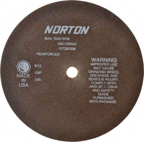 Norton - 8" 60 Grit Aluminum Oxide Cutoff Wheel - 0.035" Thick, 5/8" Arbor, 7,640 Max RPM, Use with Circular Saws - Industrial Tool & Supply