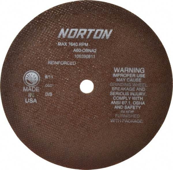 Norton - 8" 60 Grit Aluminum Oxide Cutoff Wheel - 0.06" Thick, 5/8" Arbor, 7,640 Max RPM, Use with Circular Saws - Industrial Tool & Supply