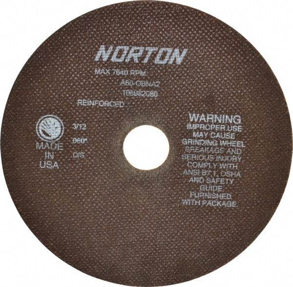 Norton - 8" 60 Grit Aluminum Oxide Cutoff Wheel - 0.06" Thick, 1-1/4" Arbor, 7,640 Max RPM, Use with Stationary Grinders - Industrial Tool & Supply