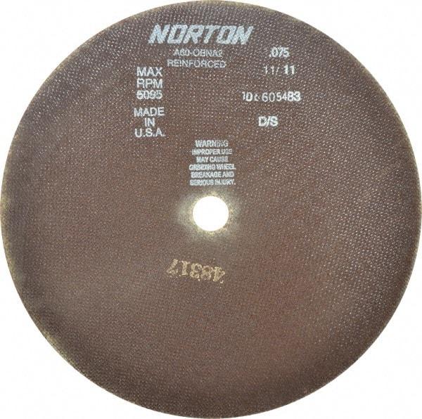 Norton - 12" 60 Grit Aluminum Oxide Cutoff Wheel - 0.075" Thick, 1" Arbor, 5,095 Max RPM, Use with Stationary Grinders - Industrial Tool & Supply