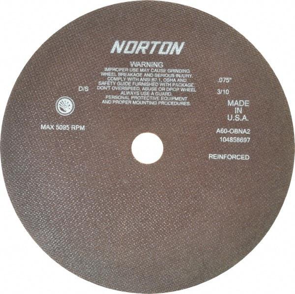 Norton - 12" 60 Grit Aluminum Oxide Cutoff Wheel - 0.075" Thick, 1-1/4" Arbor, 5,095 Max RPM, Use with Stationary Grinders - Industrial Tool & Supply